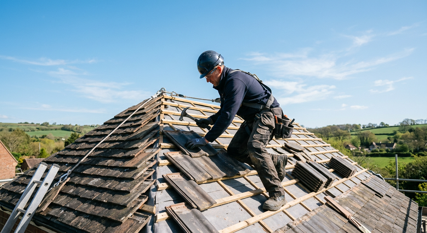 Monteur aan het werk bij een dakrenovatie in Twente