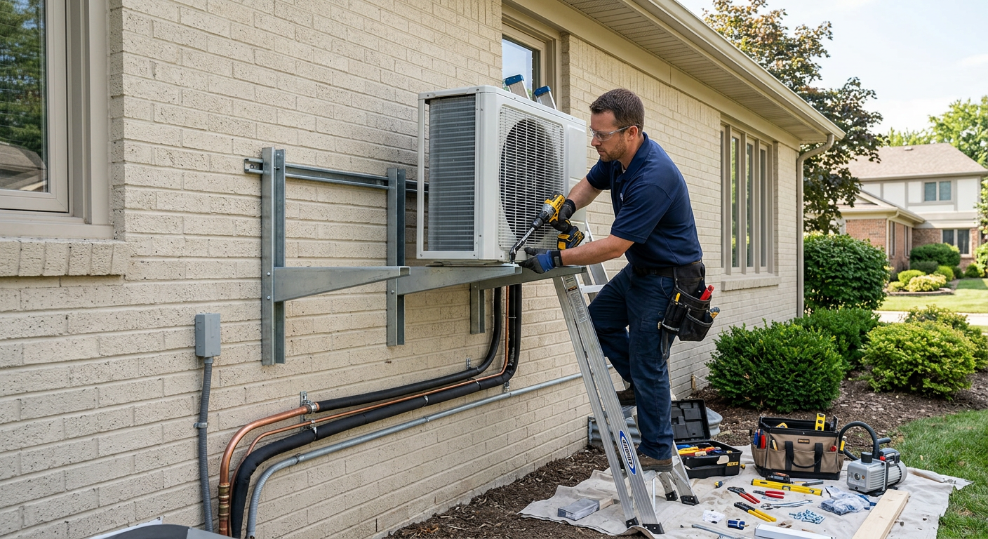 Airco installatie aan de buitenmuur van een woning