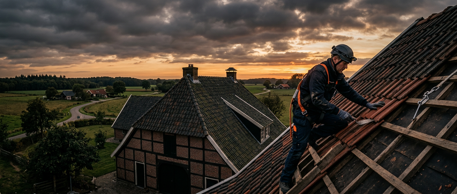 Monteur aan het werk op een dak in Twente